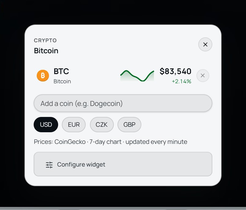 The Bitcoin widget panel with price and a 7-day chart