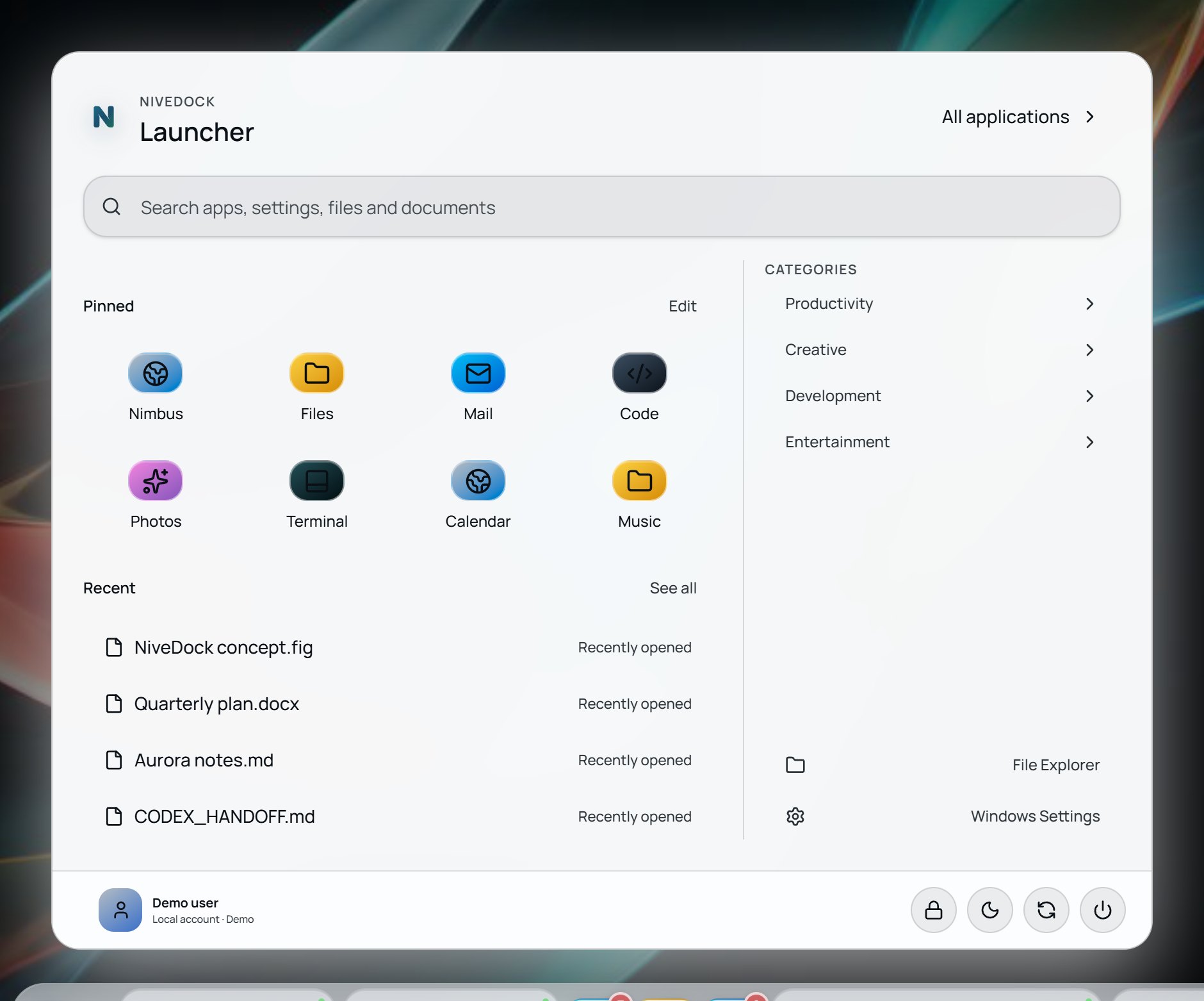 The NiveDock launcher with search, pinned apps and recent files